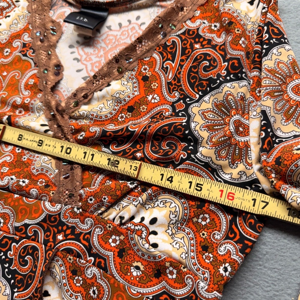 J.T.B. Beaded Orange Paisley Medallion Lace Trim Asymmetric Wrap Top Size M - Picture 4 of 8